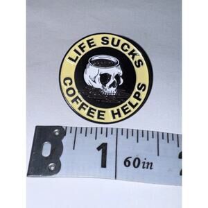 Life sucks coffee helps coffee skull pin brooch